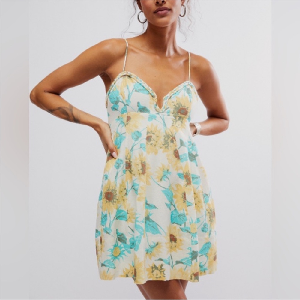Free People Cream Mini Dress with Yellow Sunflower Print